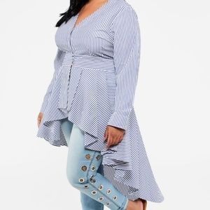 Blue striped high-low peplum blouse.